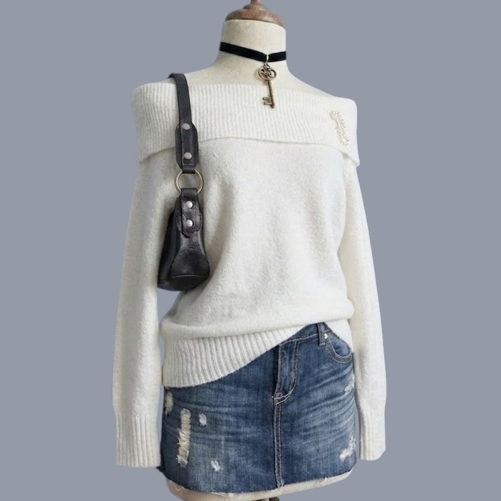 White Off Shoulder Knit Sweater Blouse Medium Stretchy Feminine Preppy